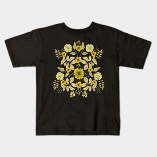 Yellow, Cream and Black Floral Kids T-Shirt